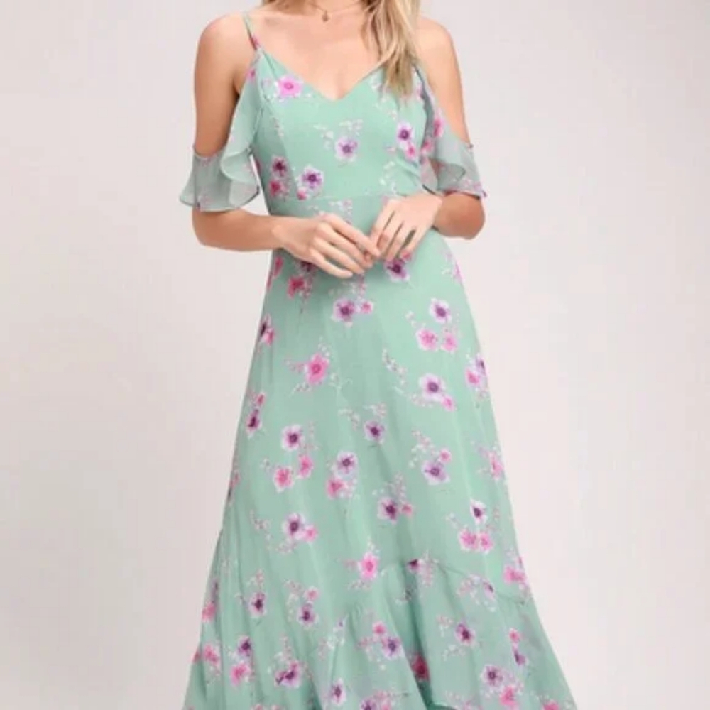 Lulu's Take You There Mint Green Floral Print Maxi  SIZE SMALL